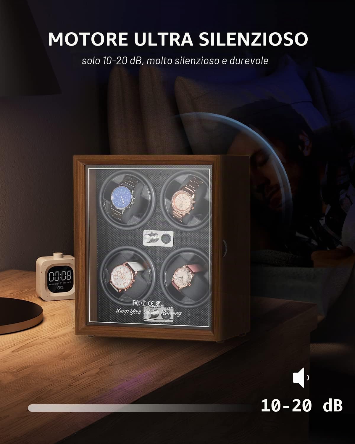 Mxmoonant carica orologi automatici per 4 orologi In legno e pelle 5 modalità di rotazione con motore silenzioso Alimentazione USB con illuminazione LED degli porta orologi automatici