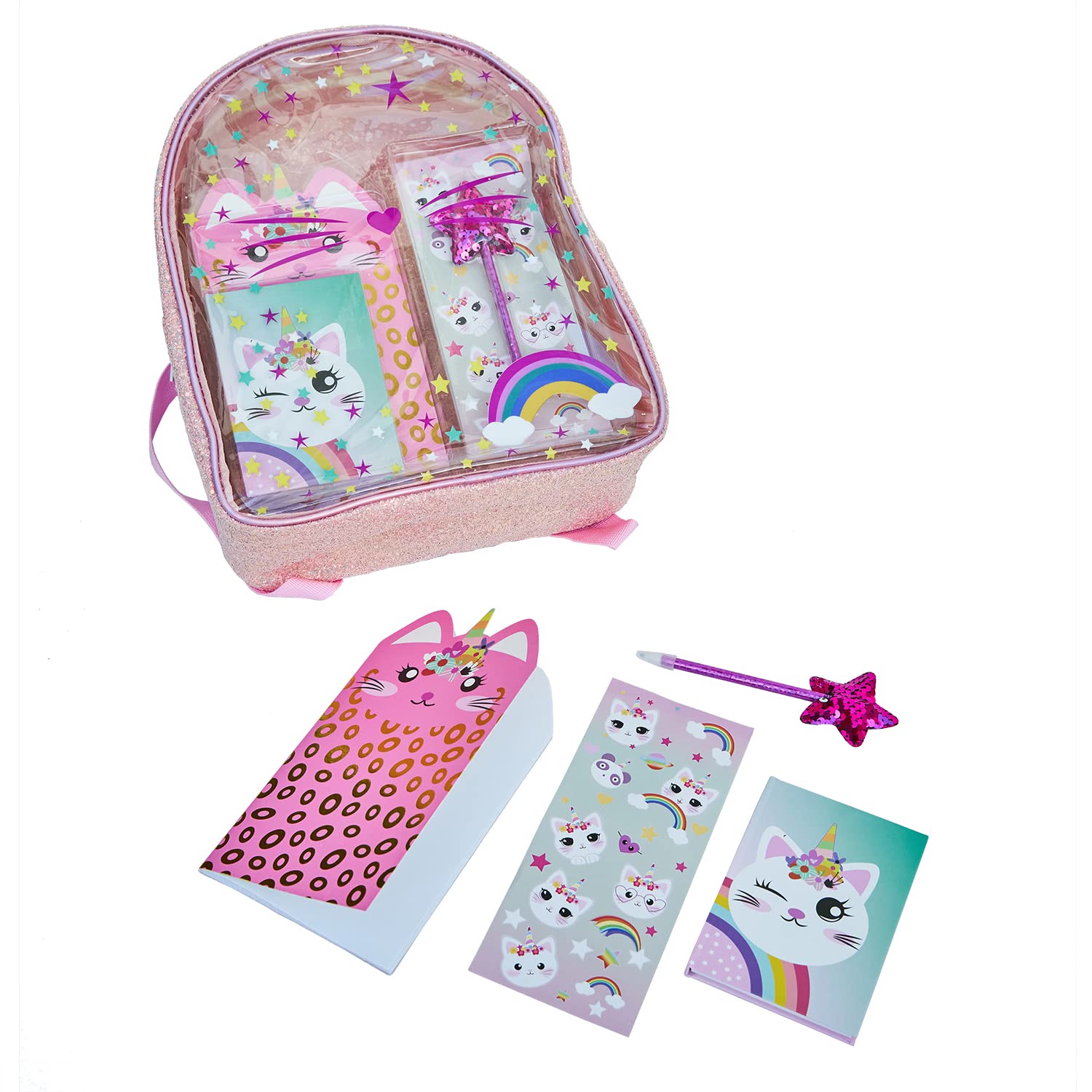 Inca Pack Papelería Kawaii para Niñas con Mochila de Gatito - Contiene Bloc de Notas, Libreta, Pegatinas y Bolígrafo - Mochila Escolar con Set de Papelería - Ideal Para Regalo