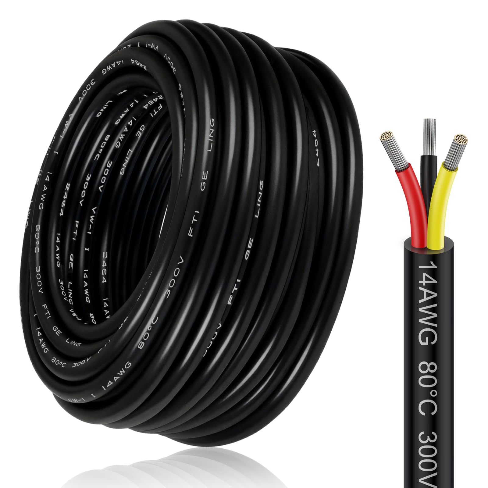 10M/32.8ft 14 Gauge Electrical Wire 3x2.0mm², 3 Core Conductor Extension Cable, 14 AWG Flexible Low Voltage Tinned Copper Wire,Black Reel Cable