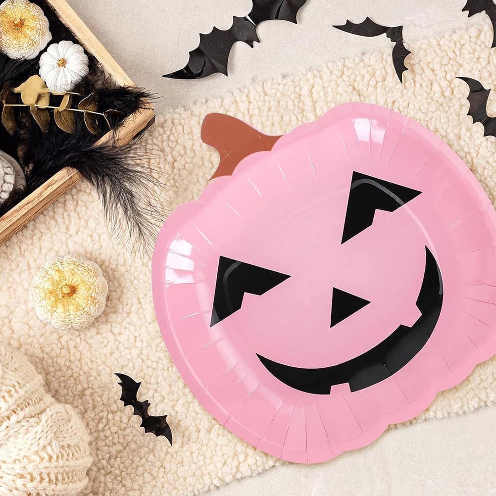 Halloween Pumpkin Disposable Plates 9-Inch Pink Pumpkin Paper Plates for Party Birthday Cake Tableware