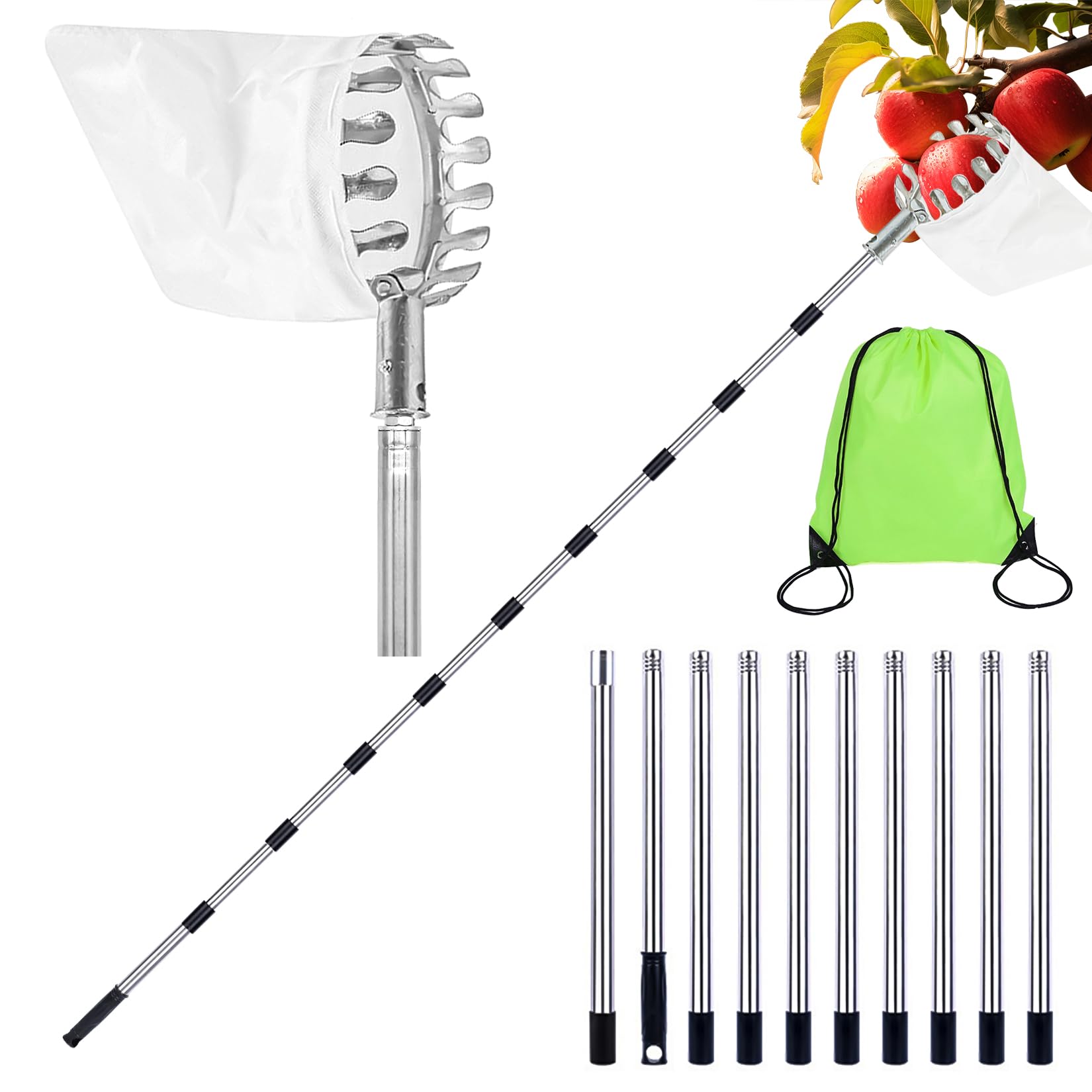 4,2 m recogedor de frutas con mango telescópico, recogedor de manzanas de acero inoxidable, longitud ajustable, recogedor de ciruelas, recogedor de frutas, recogedor de frutas con bolsa de