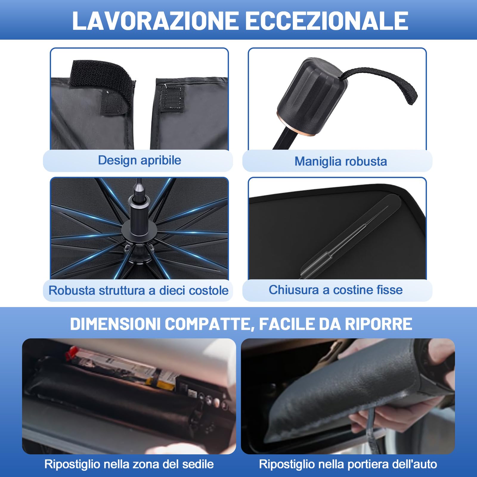 Parasole Auto Parabrezza,2025 Più Recente Parasole Anteriore Pieghevole,Pieghevole Ombrello Parasole Auto,Universale Protezione dai Raggi UV Ombrello per Pieghevole Parasole