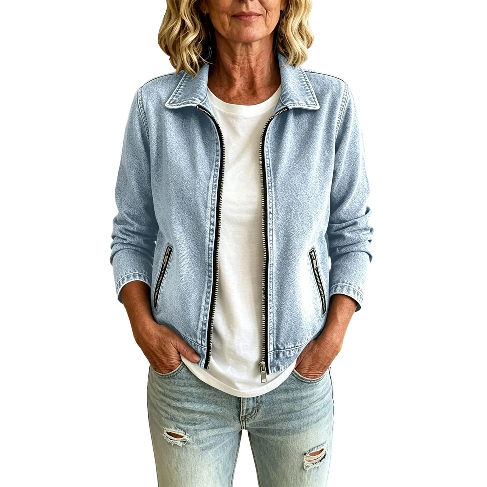 Veste en Jean Femme Courte Zippée Blouson Denim