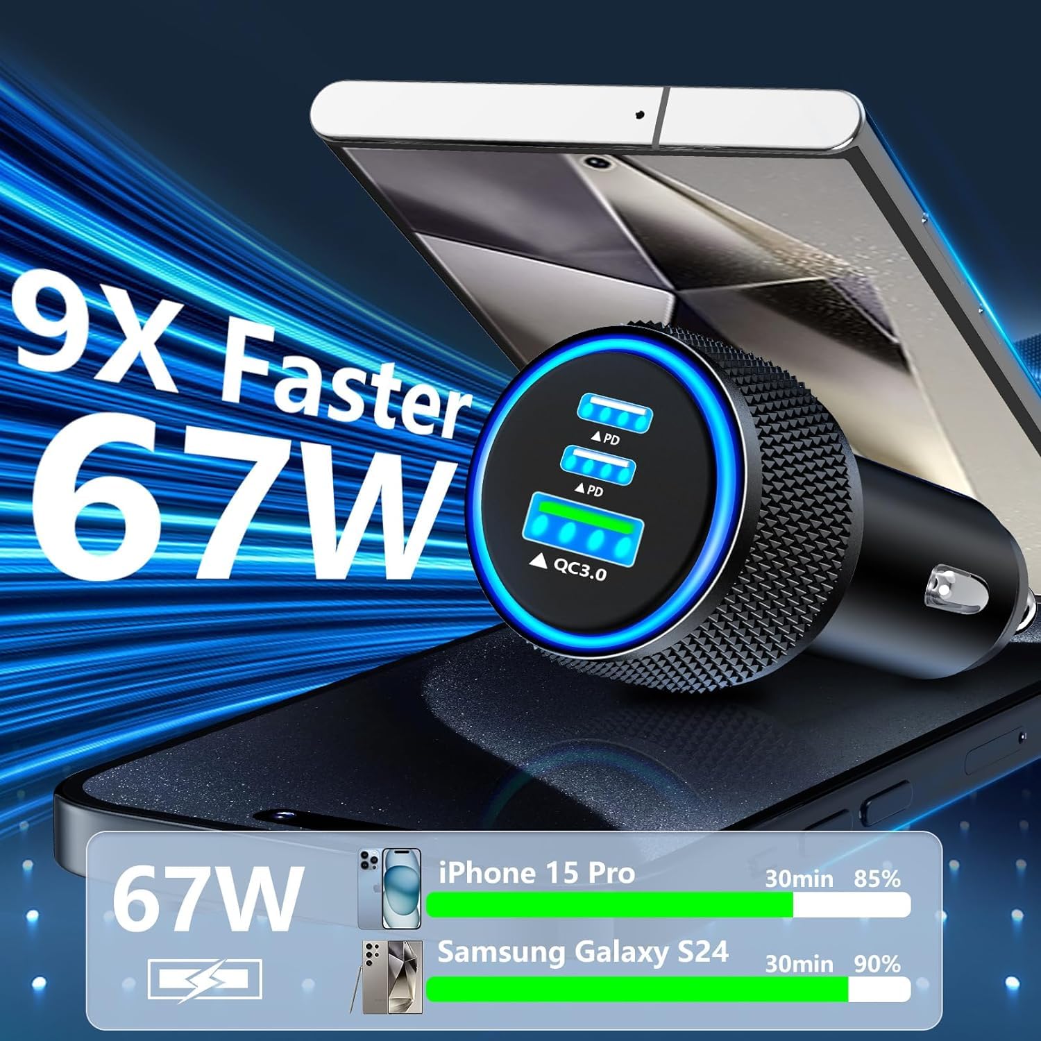 USB C Car Charger, 2Pack BAOYUANDA 67W 3-Port USB-C & USB-A Fast Car Charger Cigarette Lighter Fast Charging for iPhone 16/15/14/13/12/11/Pro Max, iPad Pro, Galaxy S24/S23/S22, Google Pixel, Android