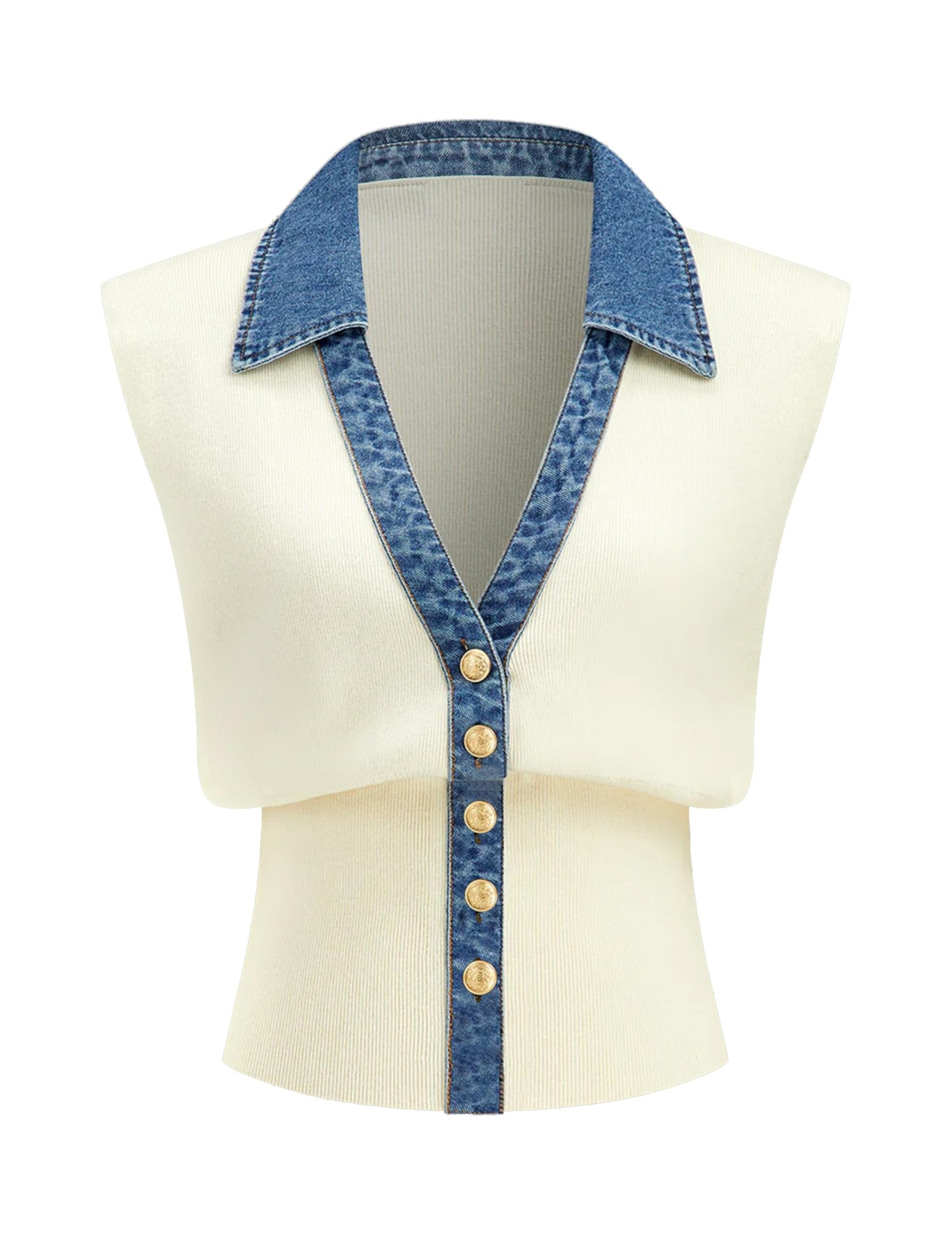 Womens Denim Trim Sweater Vest Sleeveless V Collar Crop Tank Top Knit Loose Pullover Outfit-image-12