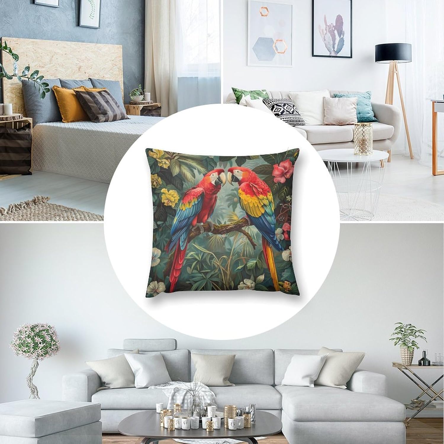 Pack of 2 Tropical Bird Parrot Throw Pillow Covers, Funny Jungle Leaf Floral Decorative Cushion Covers for Couch Sofa Bed Home Decor, 20x20 inch