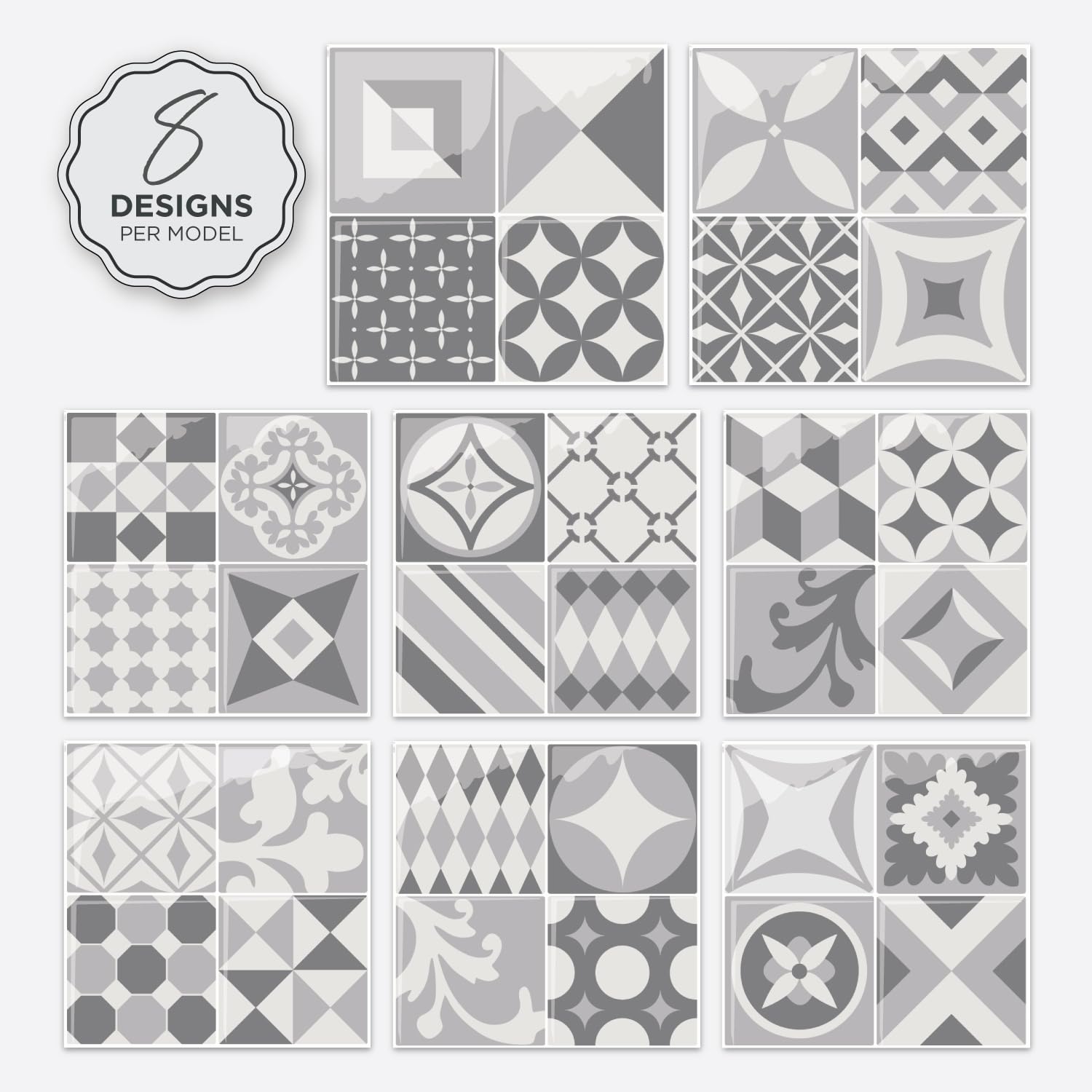 Smart Tiles Azulejos Adhesivos, Cuadrado Plata y Blanco, 22,86x22,86 cm | Pack de 5 (0,26 m²), Brillante, Resistente a calor/humedad, Bajo en COV, Cocina/Baño, Ideal para alquiler, Hecho en Canadá