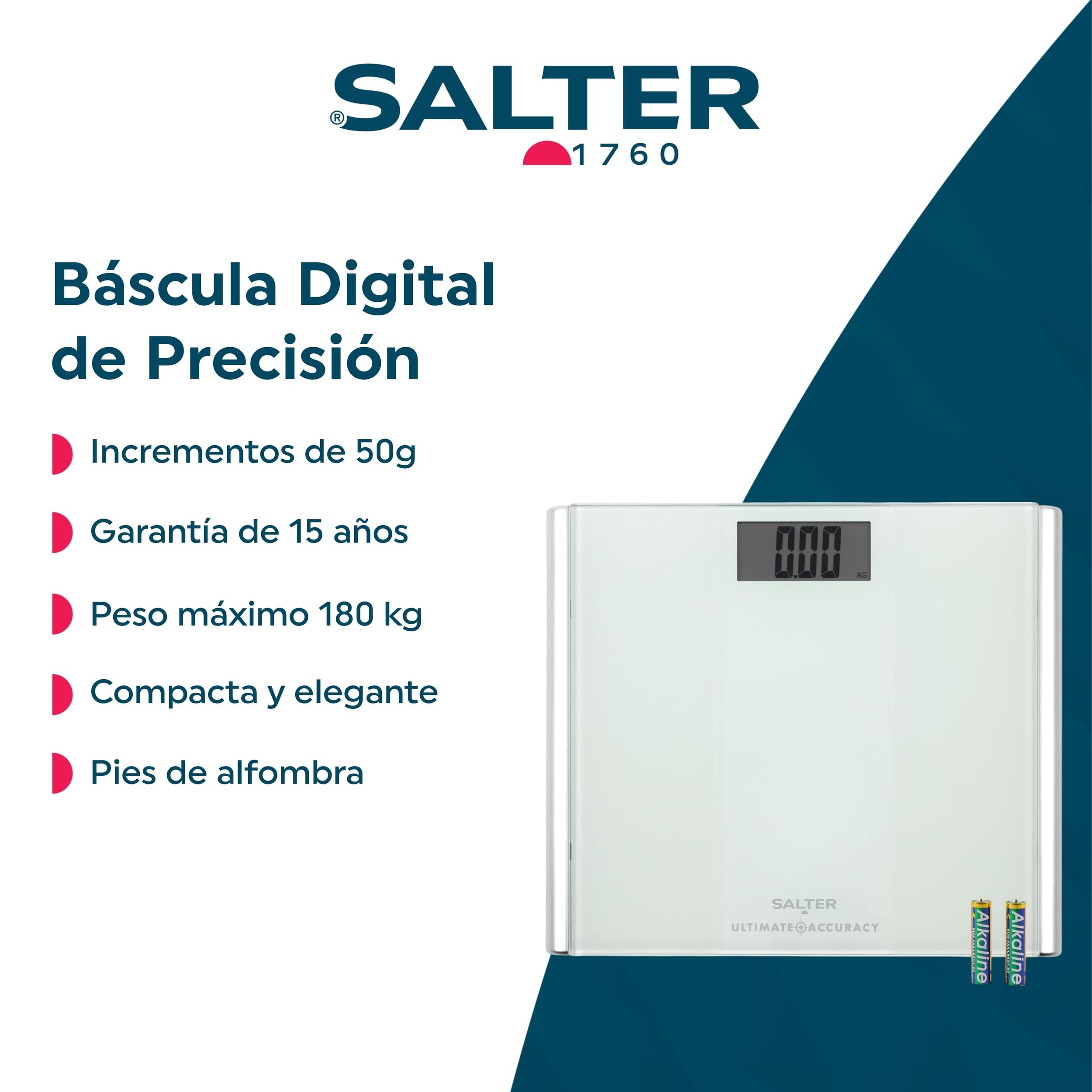 Salter 9009 WH3R Escala de baño de precisión máxima: Básculas de pesaje digitales, incrementos de 50 g, lecturas instantáneas paso a paso, pies de alfombra, 180 kg, baterías incluidas