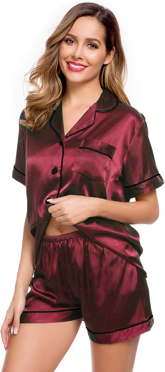 LecGee Womens Silk Satin Pajamas Short Sleeve Loungewear Two-Piece Sleepwear Button-Down Pj Set - Image 3