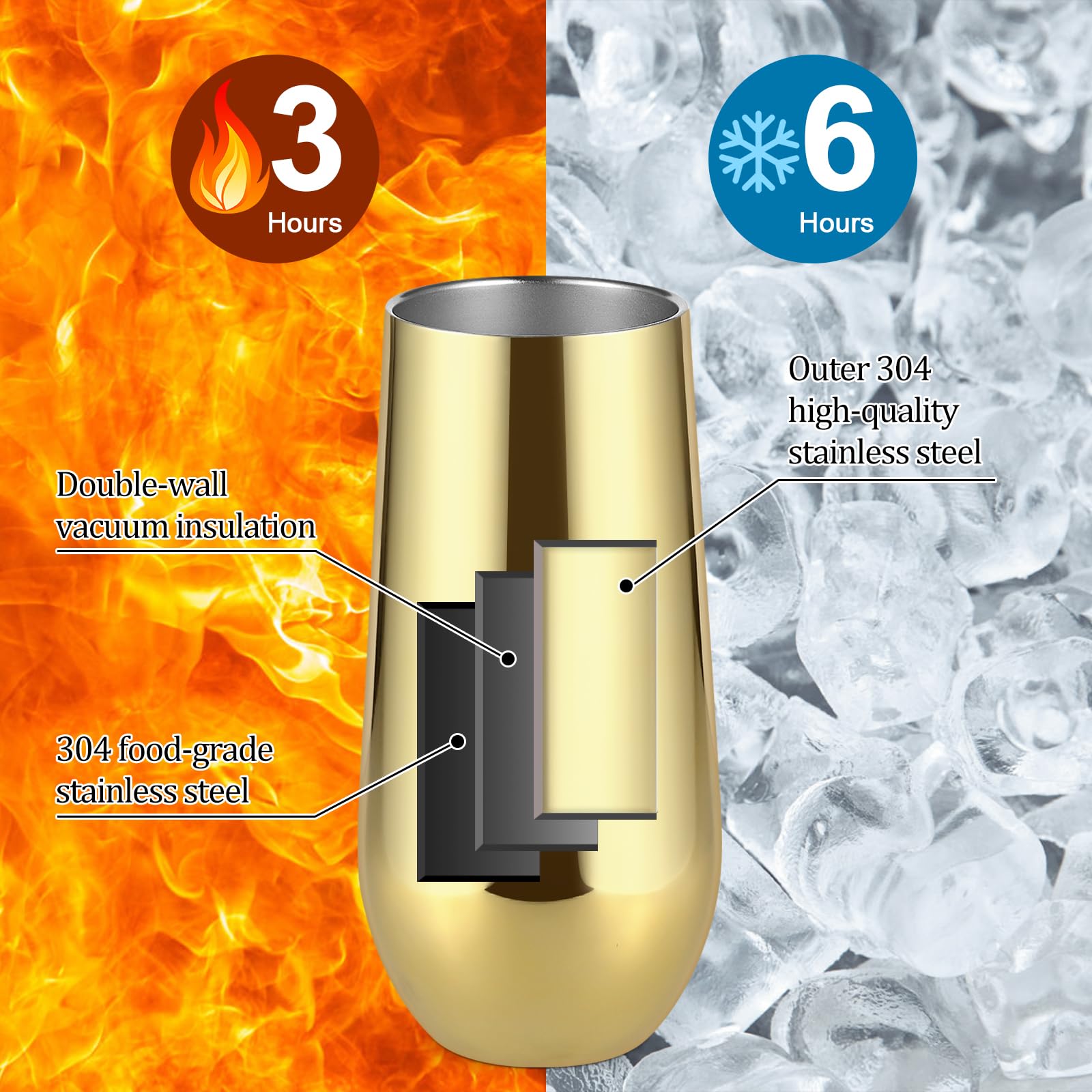 Lifecapido Lot de 12 flûtes à champagne isothermes sans pied en acier inoxydable pour fête d'anniversaire, mariage, Noël, 355 ml, plaqué or