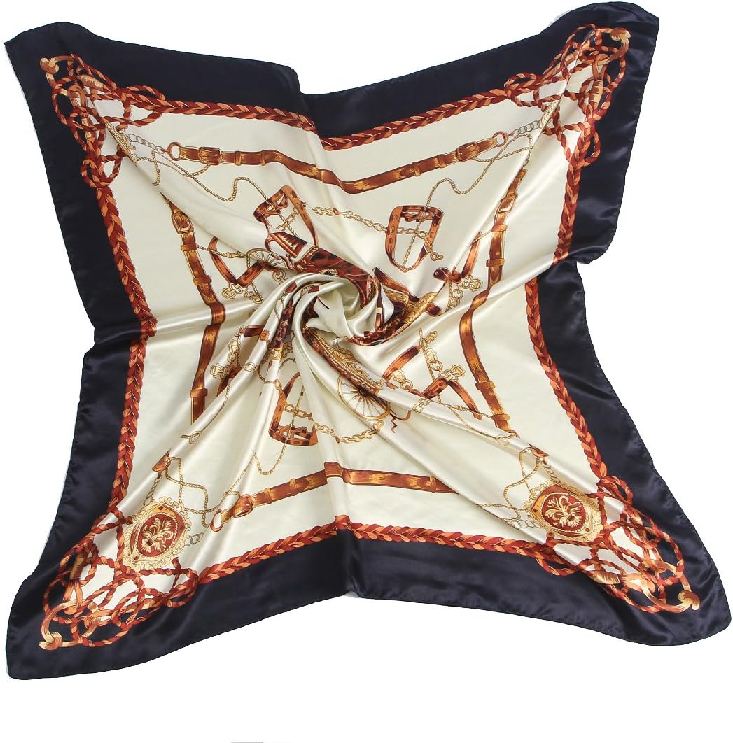 ANSAN Women's Fashion Retro Pattern Large Silk Scarf for Hair Square Satin Print Neckerchief Headscarf
