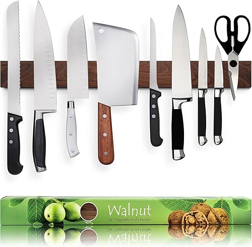 Soporte magnético de madera de nogal oscuro de 24 pulgadas de alta calidad  Tira de cuchillos magnética de madera profesional  Estante de