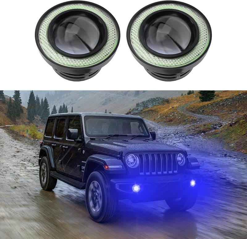 Faróis de neblina LED com halo Angel Eye HEVLE 12 V azul, projetor 6,4 cm – Par