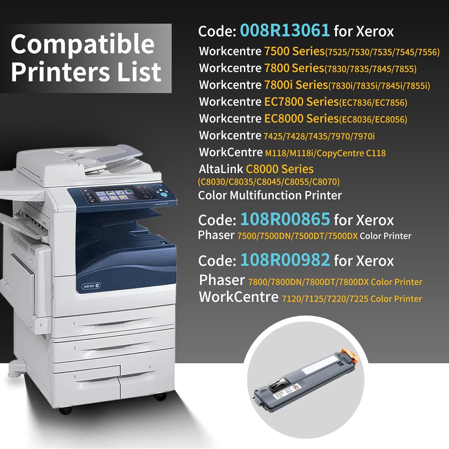 008R13061 Waste Toner Container for Xerox Workcentre 7525 7530 7535 7545 7556 7830 7835 7845 7970 7425 7428 7435,AltaLink C8030 C8035 Printer,Compatible 108R00865,108R00982,C950X76G Waste Cartridge