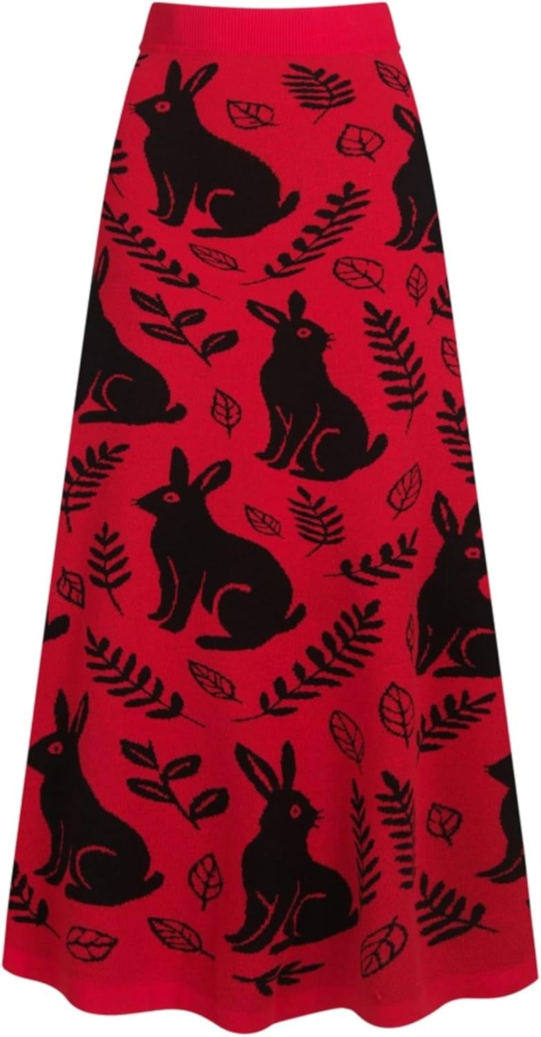 OXKnit Knittd Midi Skirts for Women, 1960s Mod Style Casual Retro Rabbits Pattern High Waist A Line Cotton Red Skirts