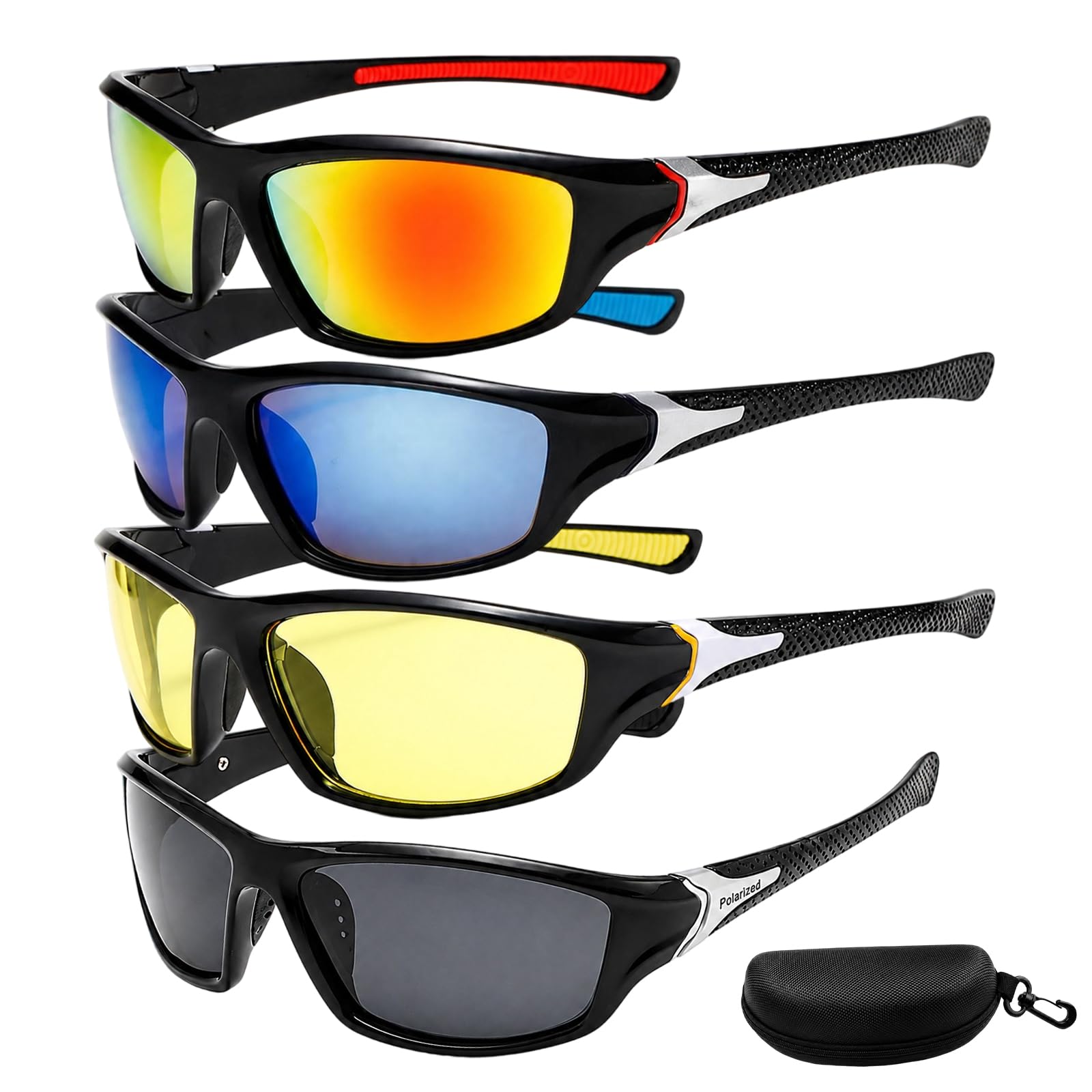 YcsRnn Mens Sunglasses, Polarised Sunglasses Men, Wrap Around Sunglasses for Outdoor Activities, Four-Piece Set with Protective Case, UV Protection and Comfort Fit Design