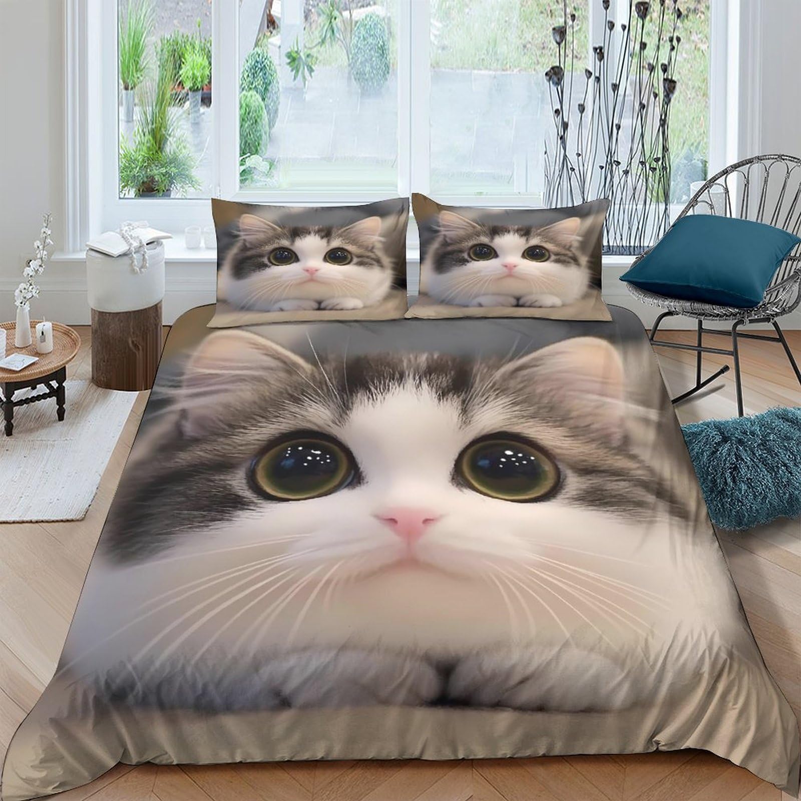 Ctjqhvkz Style-5 3D Printed Cute Cat Face Fitted Sheet Microfiber Soft Bedroom Decor Realistic Big Eyes Mattress Cover For Adults Teens Single（135X200cm）