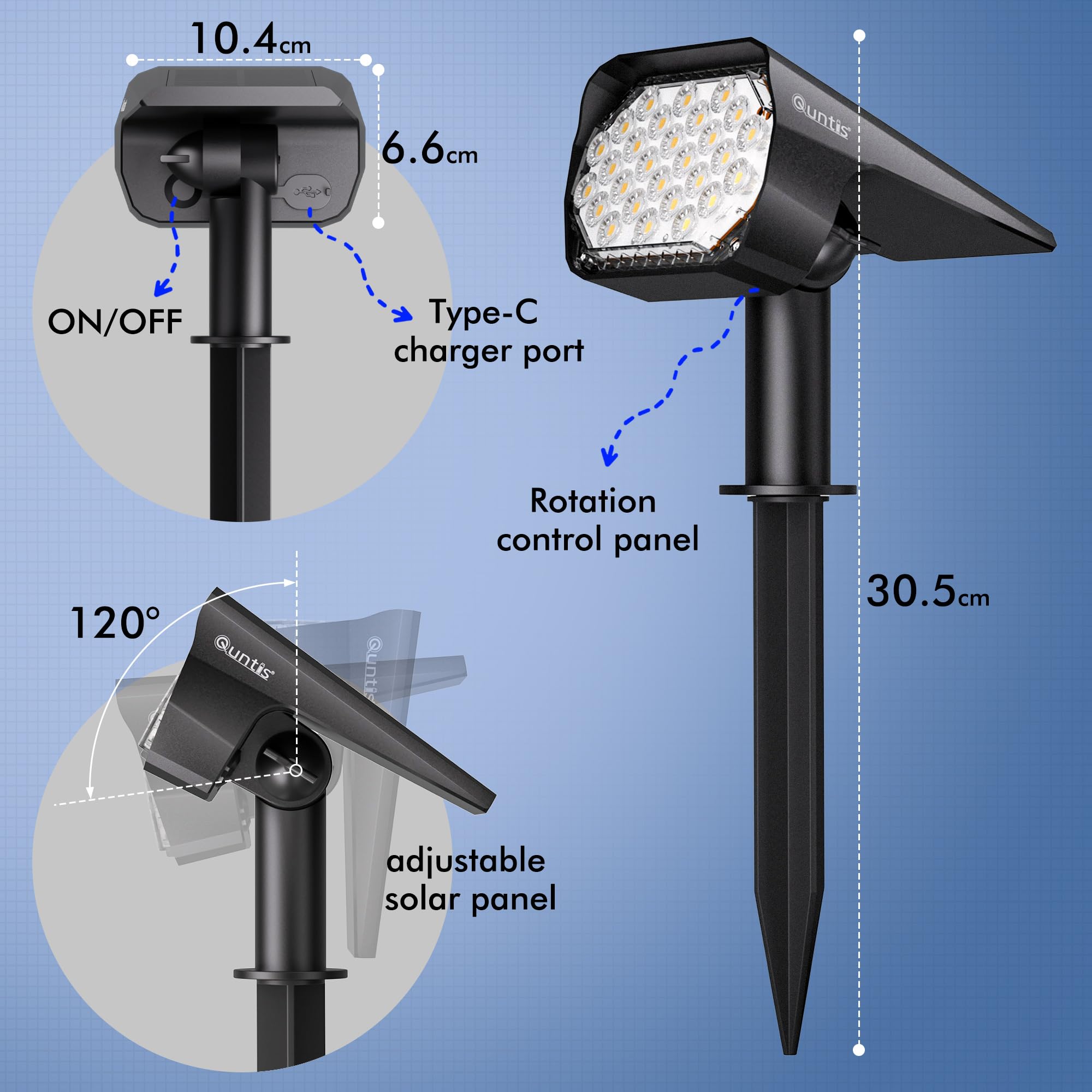 Quntis Zestaw 2 zewnętrznych lamp solarnych, 3 kolory i 6 trybów Zewnętrzny reflektor słoneczny IP65 Wodoodporny, kabel USB C do ładowania Zewnętrzne światło słoneczne do dekoracji ogrodu Ścieżka