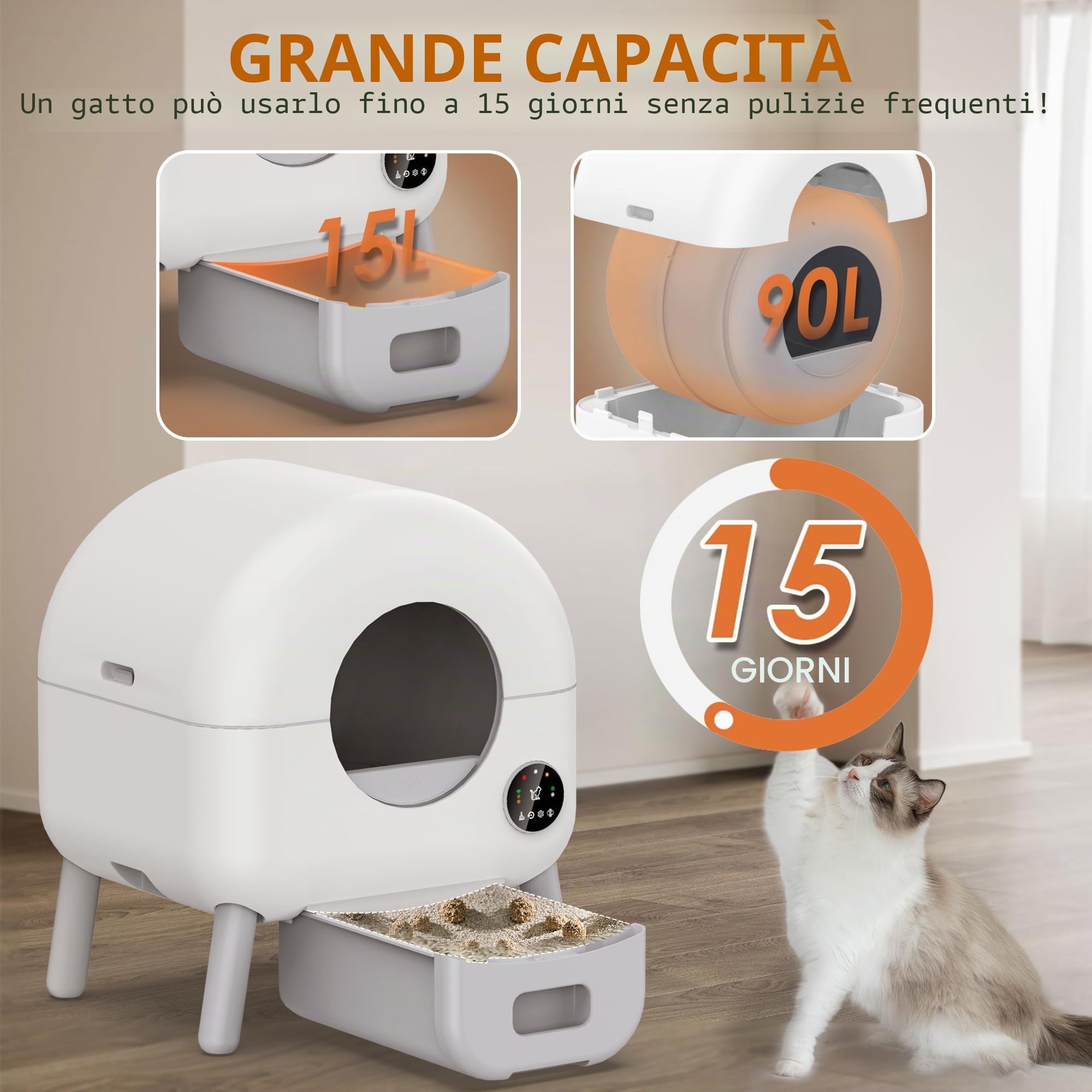 Lettiera autopulente – Lettiera automatica da 105 litri per più gatti, 1 rotolo di sacchetti della spazzatura e tappetino inclusi, controllo app, bianco