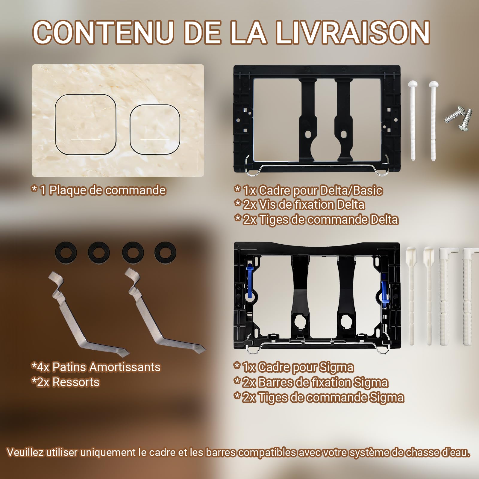 Plaque de Commande WC Compatible avec Geberit Duofix Sigma, Delta et Basic, Kit de Rechange avec Tiges de Poussée et Cadre de Montage pour UP300 & UP320, 245 x 164 mm(Beige-Y4-B)