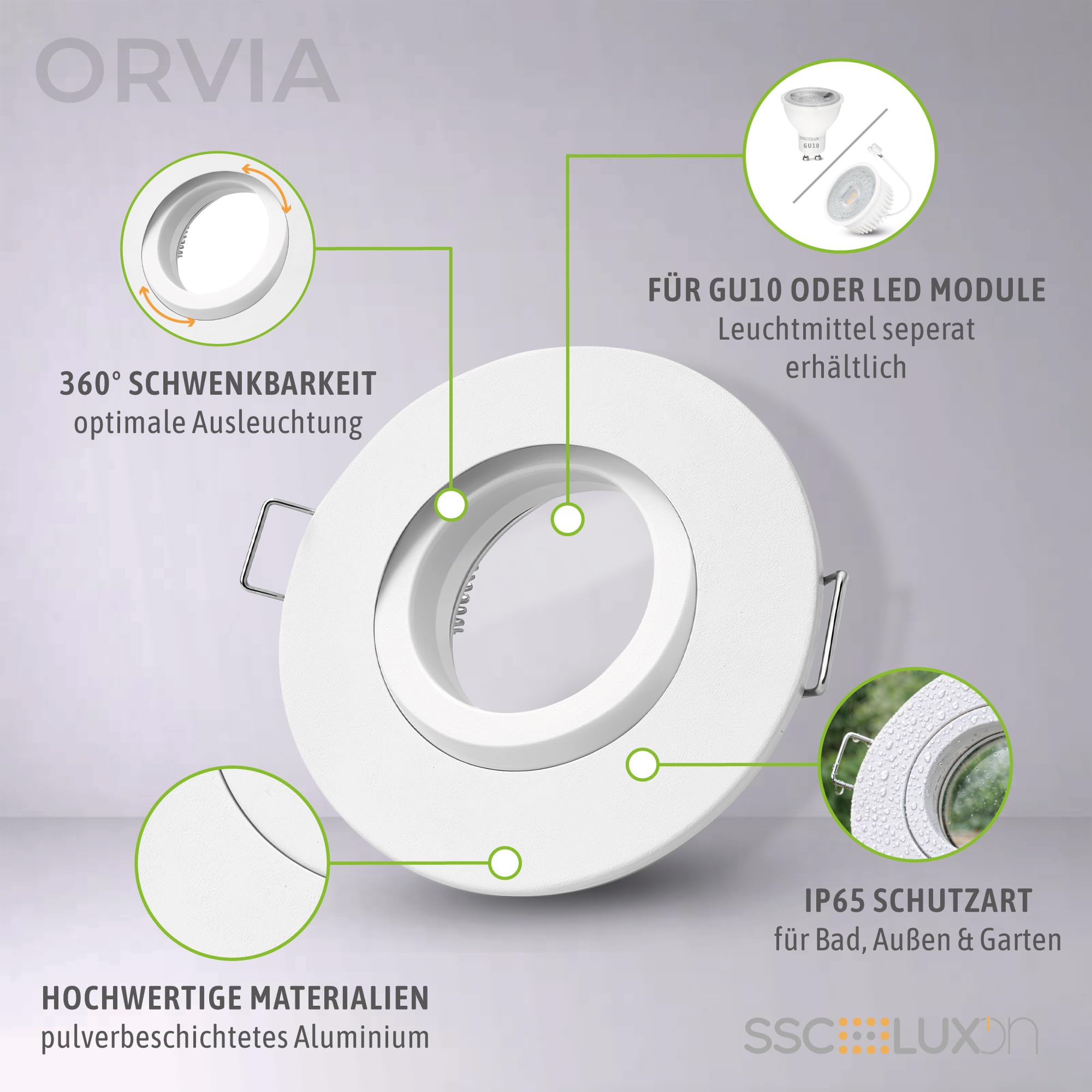 SSC-LUXon ORVIA Spot Badezimmer Außenleuchte vollschwenkbar IP65 weiß - Duschlampe Deckenspots für Feuchträume 68mm geeignet für LED GU10 & Modul- ohne Leuchtmittel