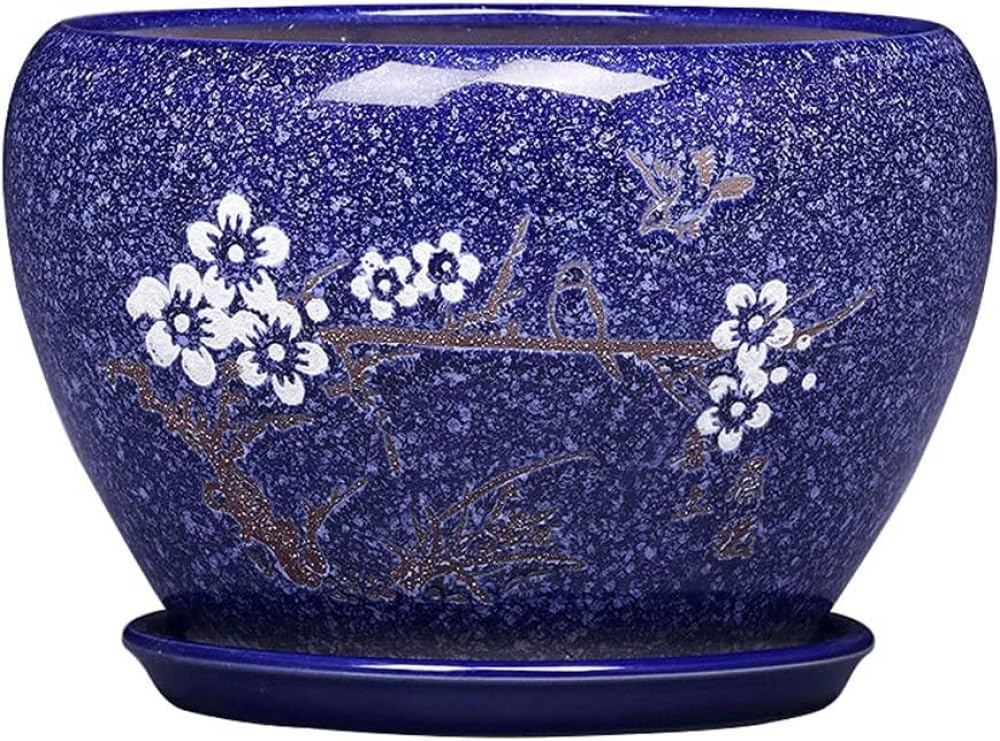Doniczka wewnętrzna Bardzo duża ceramiczna doniczka na kwiaty Niebieska doniczka z otworem drenażowym i spodkiem – 24,5 * 17,5 cm (24,5 * 17,5 cm)