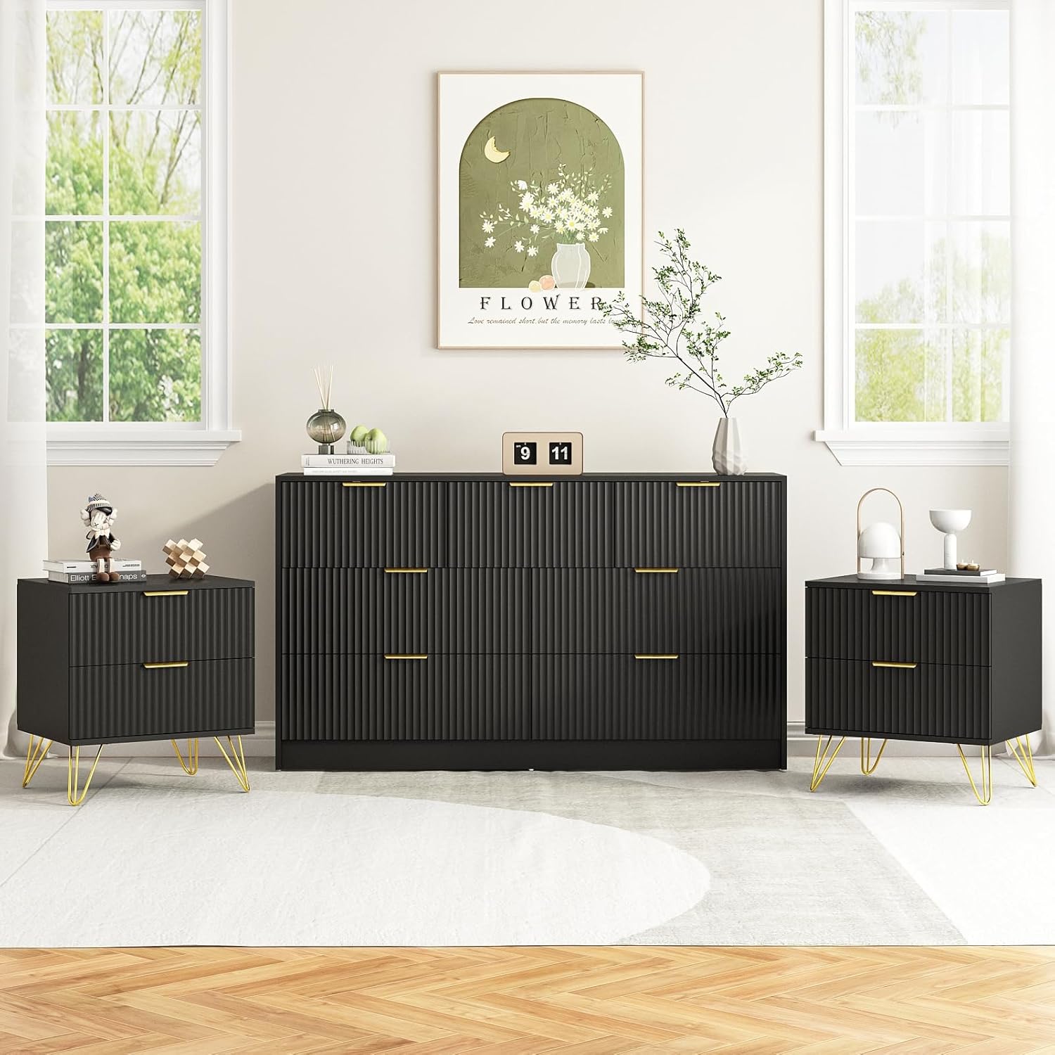 7 Drawer Dresser and Nightstand Sets for Bedroom, 3 Pcs Bedroom Set，Night Stand Set of 2 & 7 Drawer Dresser with Gold Handles, Modern Wood Chest of Drawers Storage Cabinet Set, Black