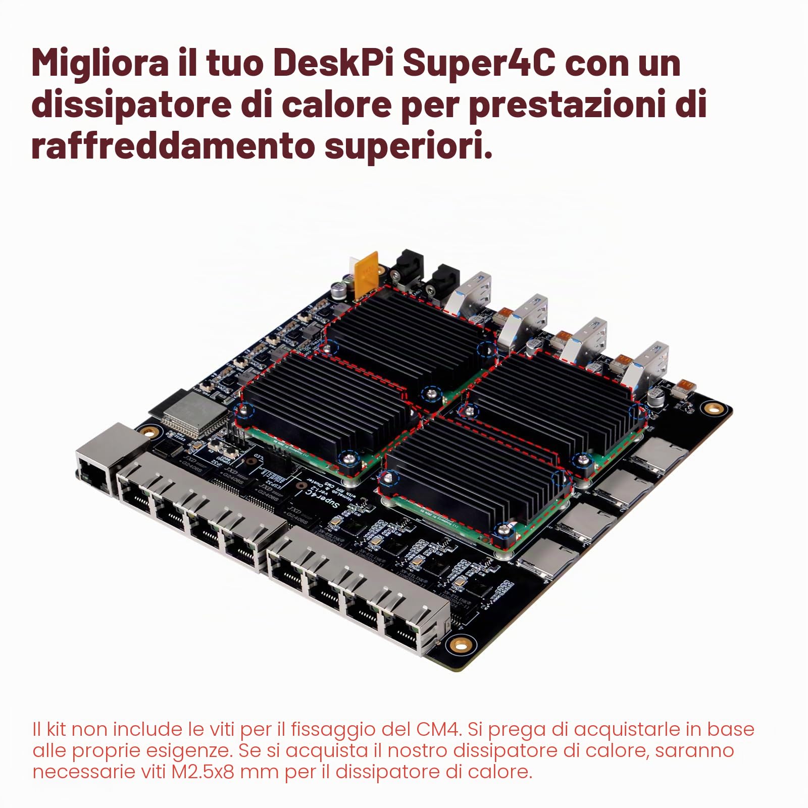 DeskPi Super4C per Raspberry Pi Compute Module 5, Cluster Mini-ITX Board Supporta 4 CM5, 2,5 GbE + rete 1 GbE, M.2 NVMe, montaggio a rack 1U, alimentatore da 89 W incluso