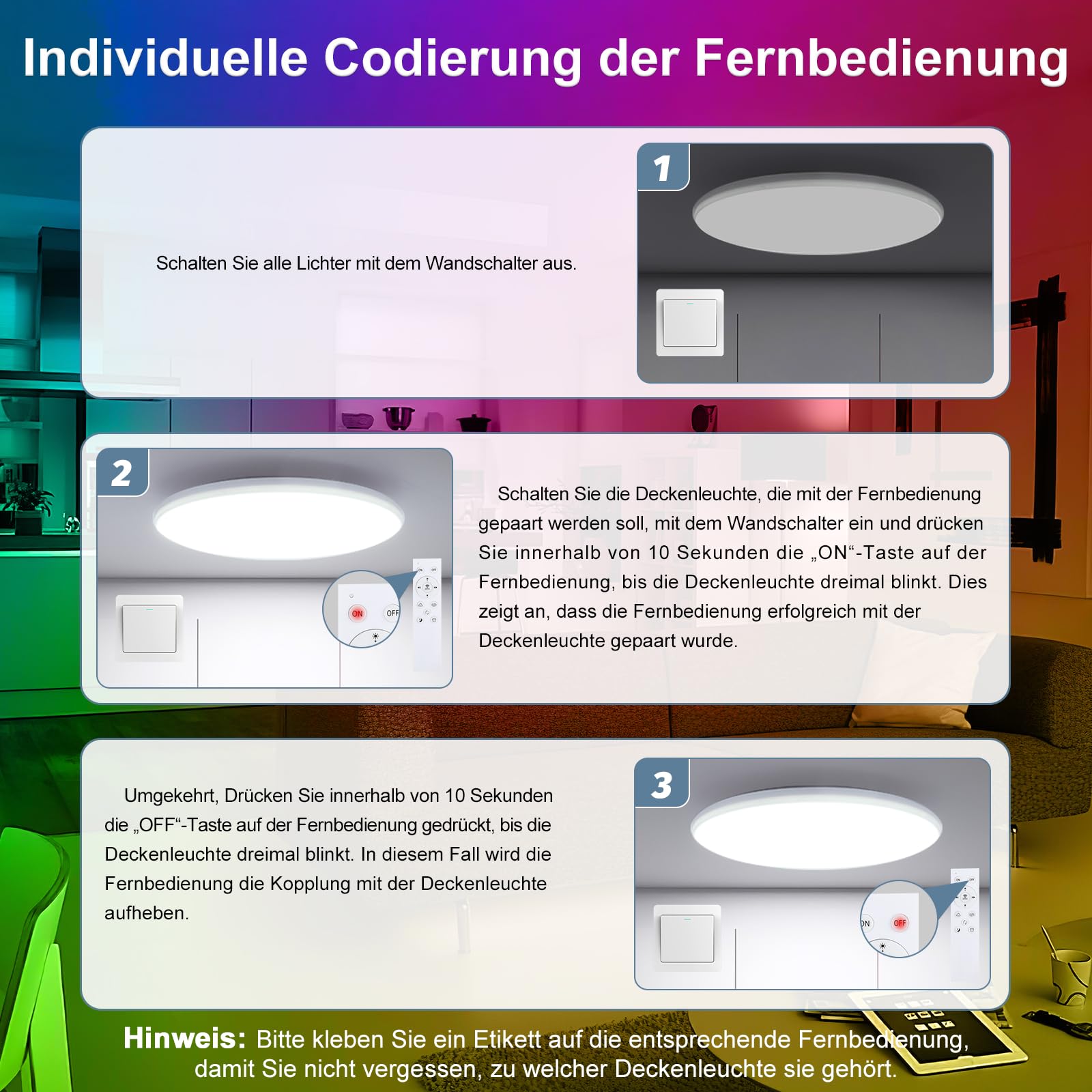 Led Deckenlampe Dimmbar mit Fernbedienung, [4 Stücke] 24W 16 Millionen RGB Farbwechsel Smart led Deckenleuchte Steuerbar via App, 2400LM Deckenbeleuchtung Ø30CM Lampe für Wohnzimmer Schlafzimmer, Weiß