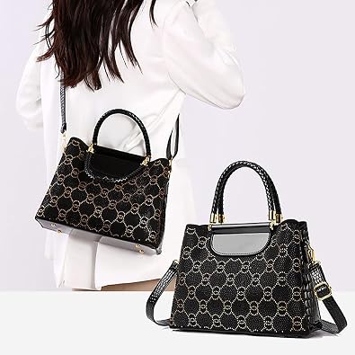 Women’s Luxury 3-Compartment Handbag with Shoulder Strap, Large Capacity Tote Shoulder Bags, Leather Crossbody Bags Satchel Purse with Zipper, Shiny Rhinestone Bag
