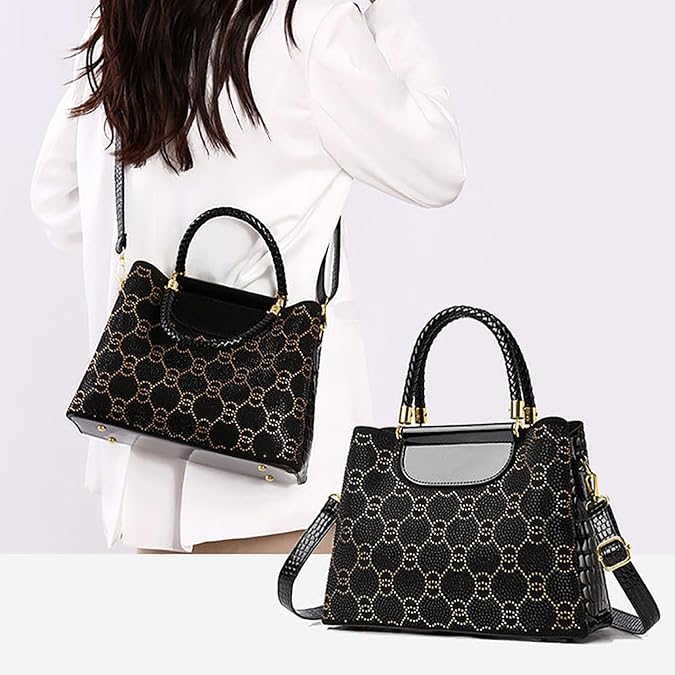 Women’s Luxury 3-Compartment Handbag with Shoulder Strap, Large Capacity Tote Shoulder Bags, Leather Crossbody Bags Satchel Purse with Zipper, Shiny Rhinestone Bag