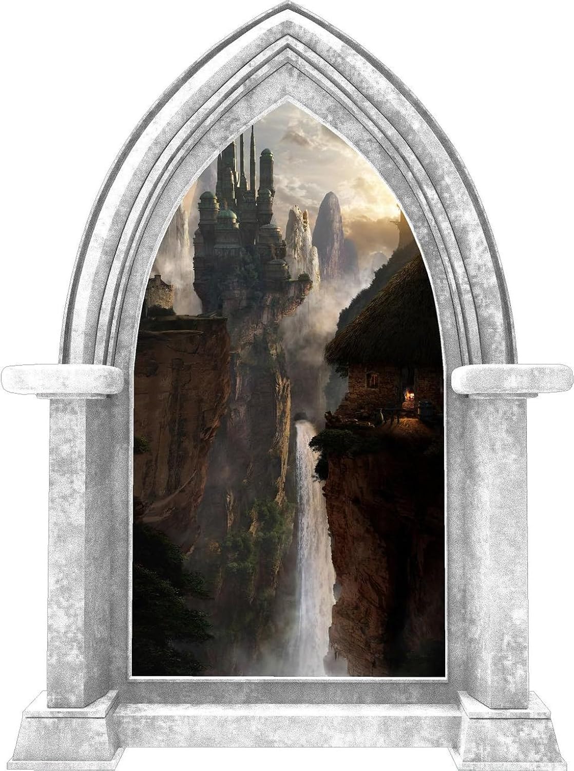 CastleScape City in The Clouds 1 Castle Window Marble Wall Decal Sticker Mural Mountain View Waterfall Medieval Fantasy Fairytale Peel and Stick 24 inch