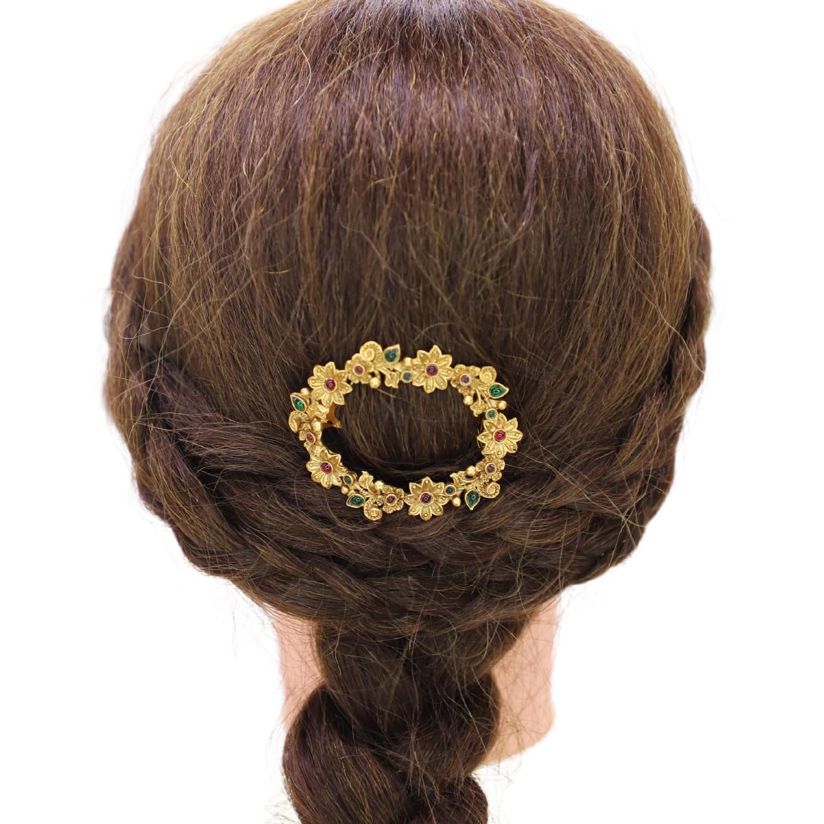 JWELLA Traditional Temple Design Gold-Plated Hair Barrette Clip (Round Shape Design) (Design 8) 1