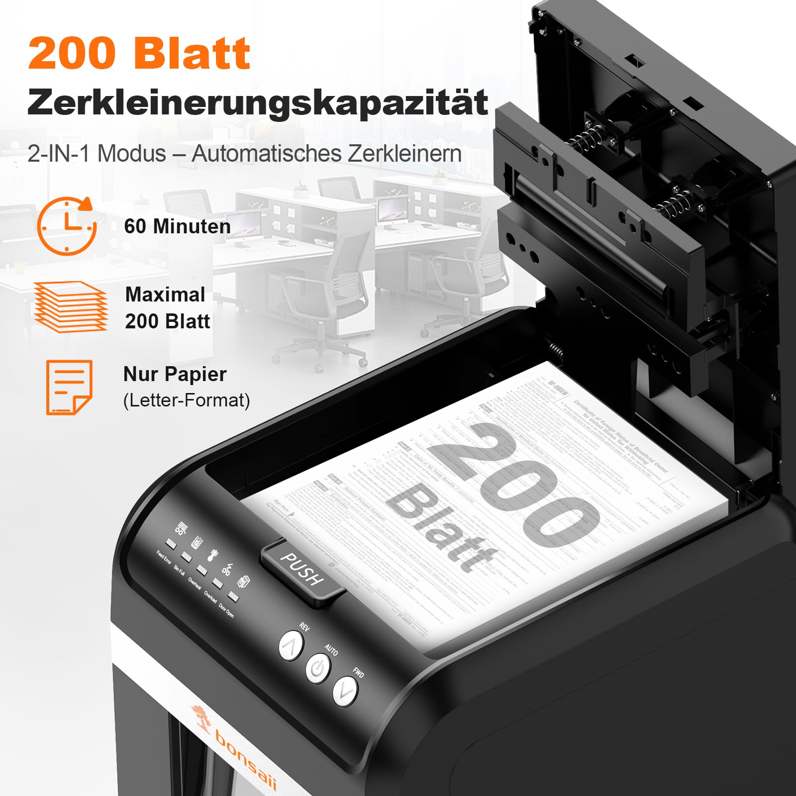 Bonsaii Aktenvernichter mit automatischem 200-Blatt-Einzug, 60 Min Dauerbetrieb, DIN P-4 Mikroschnitt, 31L herausziehbarer Behälter, leise (58 dB) & energiesparend – ideal fürs Büro, C283 | leiser ≤58dB mit 60 Min. Dauerbetrieb und 31L Behälter für Büro u
