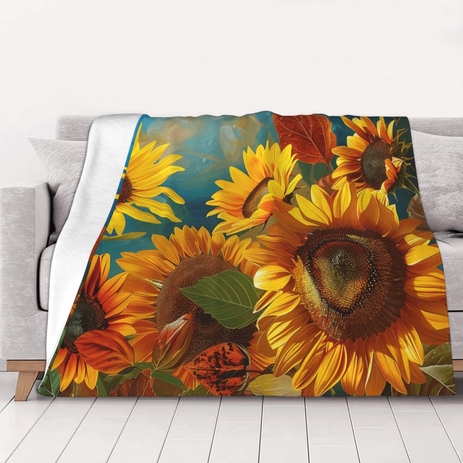 AUBKFELD Yellow Sunflowers Printed Flannel Blanket 200x150 CM, Soft & Warm Throw Blanket for Sofa/Couch/Bed/Car, Gifts for Audlts Women Men