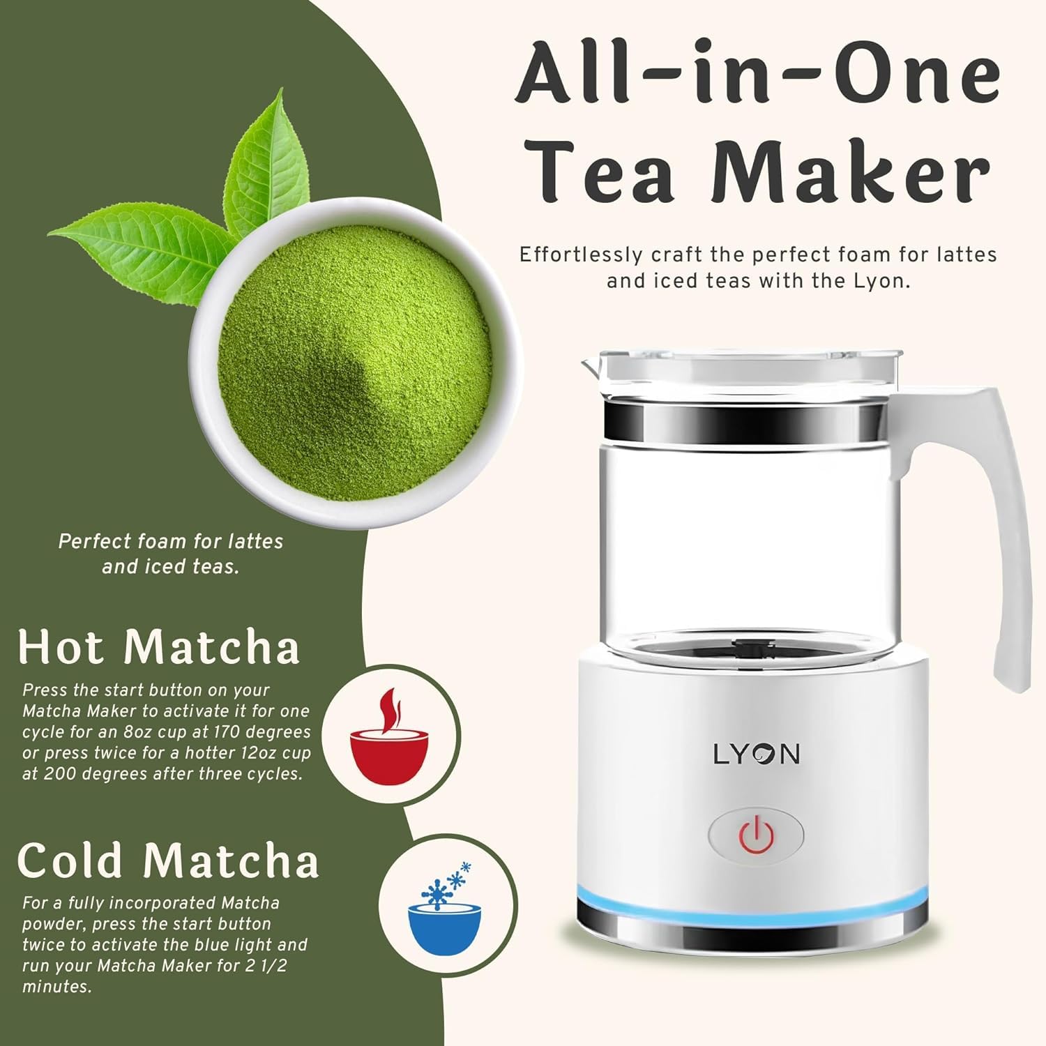 Macchina per tè Matcha, bollitore elettrico per tè e schiuma, macchina per il tè con un tocco, bollitore per tè matcha caldo o freddo, bollitore in vetro, esperienza di produzione del tè