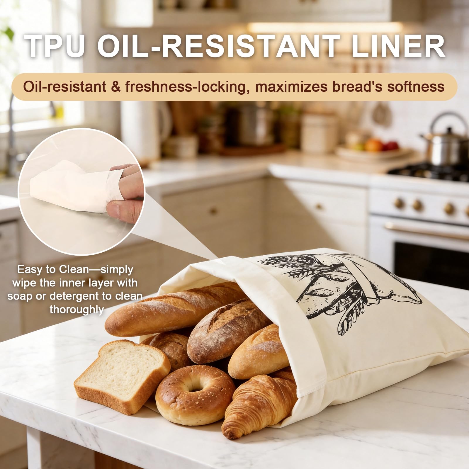 Lot de 2 Grands Sac a Pain Cire Abeille en Lin, 45x35 cm Sac à Pain Durable avec Doublure TPU pour Garder, Sacs a Pain Tissu avec Cordon de Serrage Stockage Alimentaire et Transport