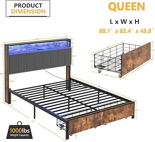 Miniatura 6 de Base de cama Queen con cabecero de almacenamiento oculto y 2 cajones, marco de cama LED con estación de carga, marco de cama de plataforma de metal,