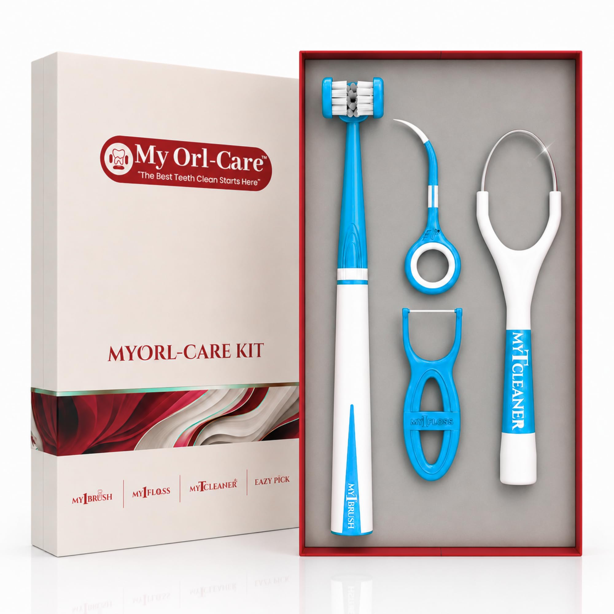 MyOrl Care Kit-Complete Oral Care Combo (Pack of 4) | 3-Sided Toothbrush with 2 Heads, Ready-to-Use Floss, Stainless Steel Tongue Cleaner & EazyPick Toothpick | Full Mouth Hygiene Kit | Light Blue-image-35