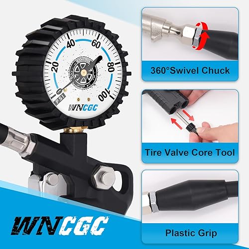 Miniatura 2 de WNCGC Inflador de neumáticos con manómetro, medidor de presión de aire de 0-100 PSI para neumáticos, accesorios de compresor de portabrocas de aire