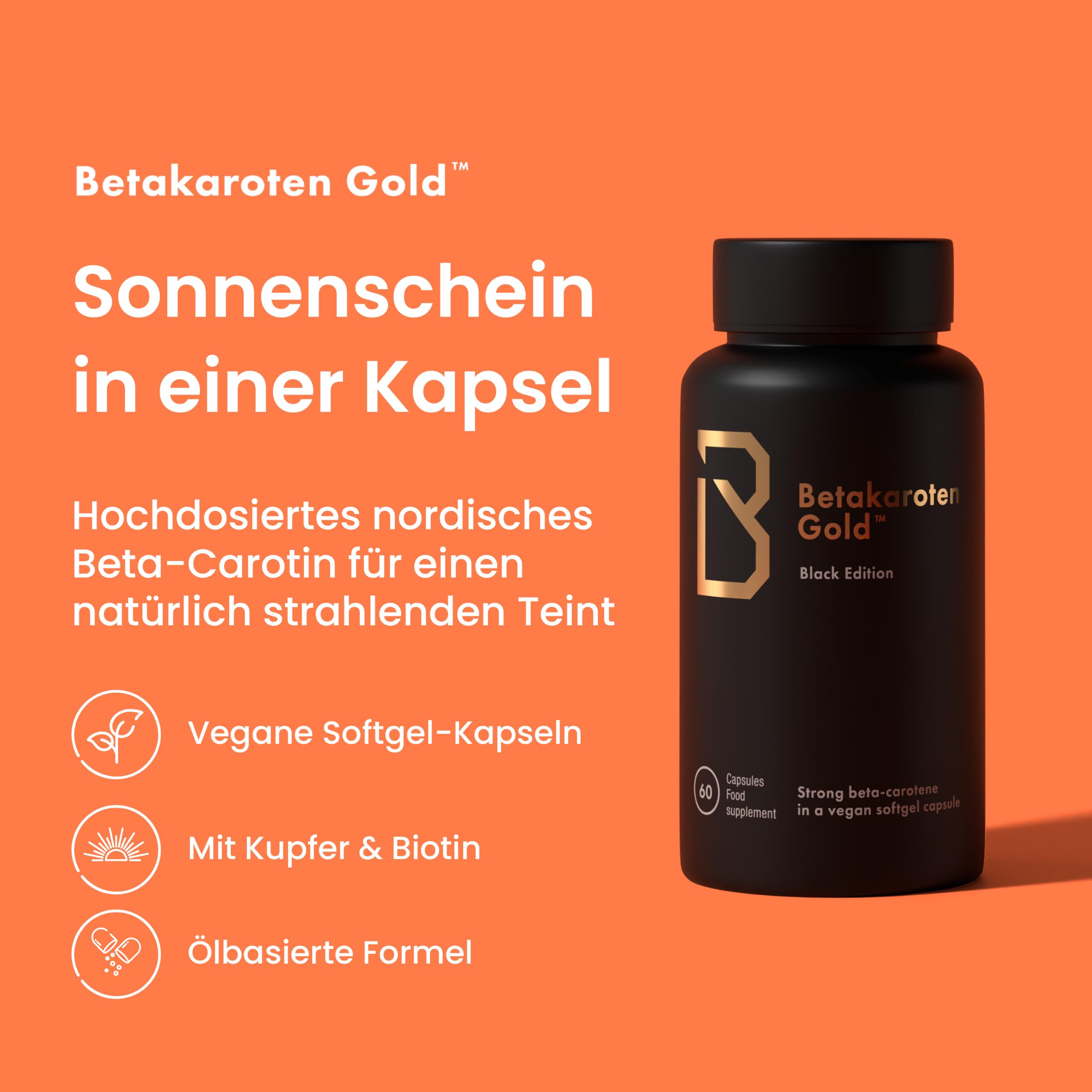Betakaroten Gold® Black Edition Beta Carotin Kapseln, 15 mg für intensive Bräune von innen - Norwegische Qualität - 60 Kapseln - vegan - mit Kokosöl, Biotin, Kupfer & Vitamin C,A,E - 3-Monats-Vorrat
