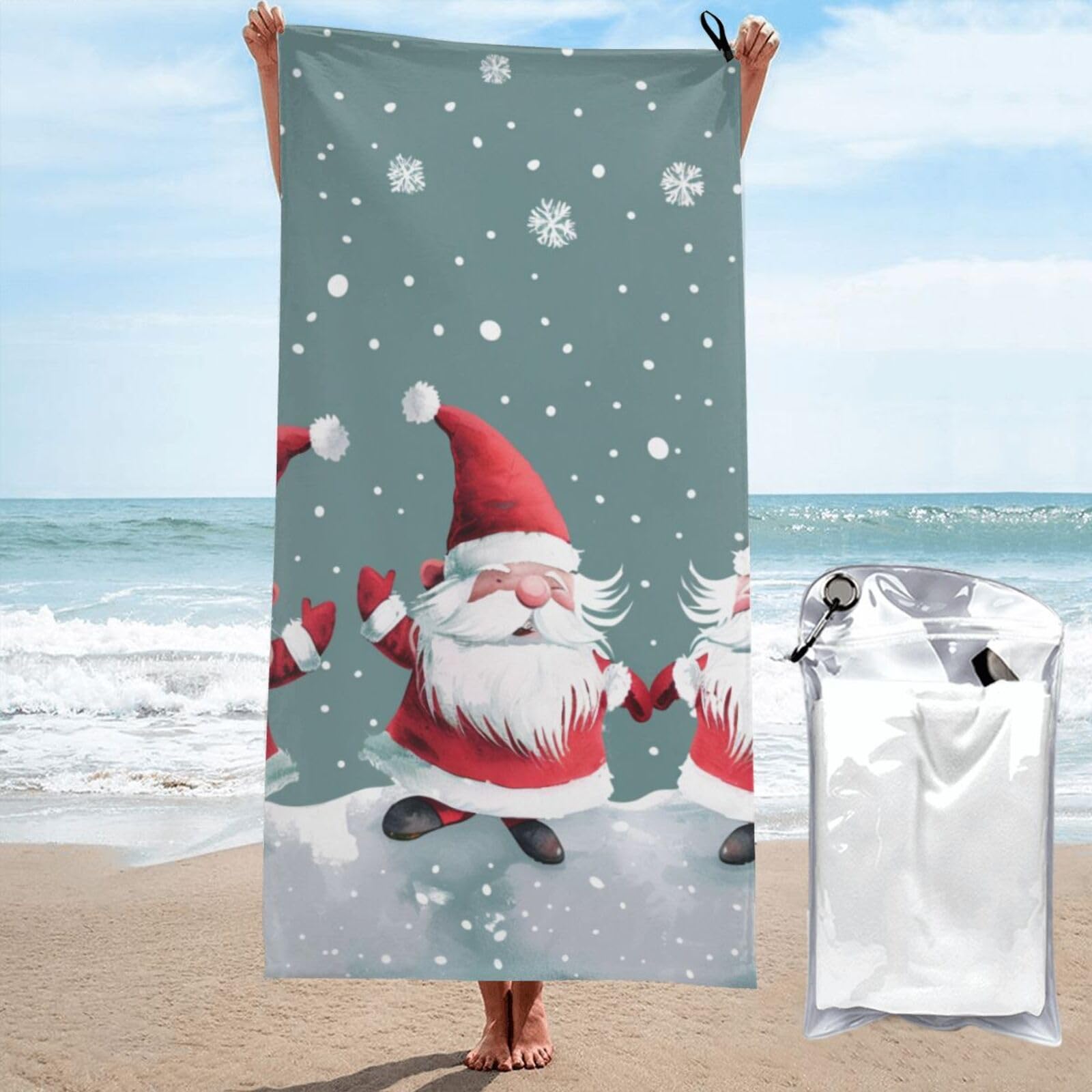 kkvhhyuo Microfiber Beach Towel, Xmas Funny Gnomes Printed Lightweight Quick Dry Travel Bath Sheet with Compact Carry Bag for Swimming Yoga Camping Gym,27.5"x55"