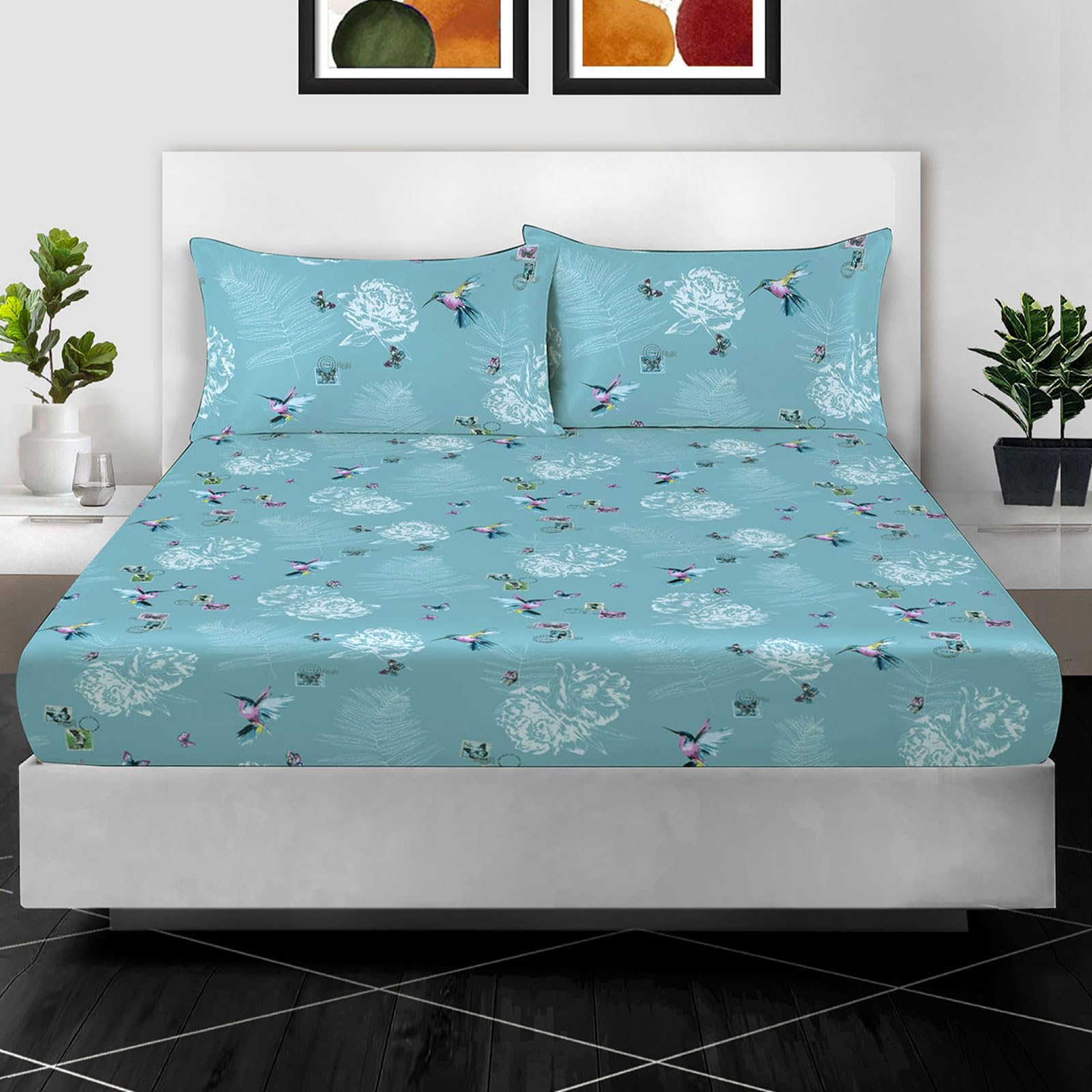 Printed Floral King Size Fitted Sheet – 100% Egyptian Cotton 400 Thread Count | Extra Deep 30cm (12") Pocket | Soft & Breathable Luxury Bed Sheet | 152 x 200 + 30cm | Easy Care Machine Washable — image 1