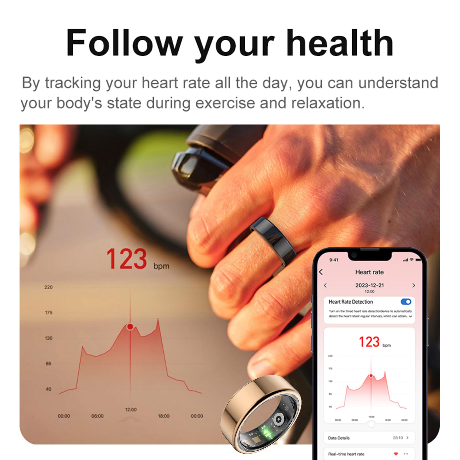 findtime Bague intelligente de fitness Android iOS podomètre pour homme et femme Or argenté Bague de fitness moniteur de fréquence cardiaque Tracker d'activité