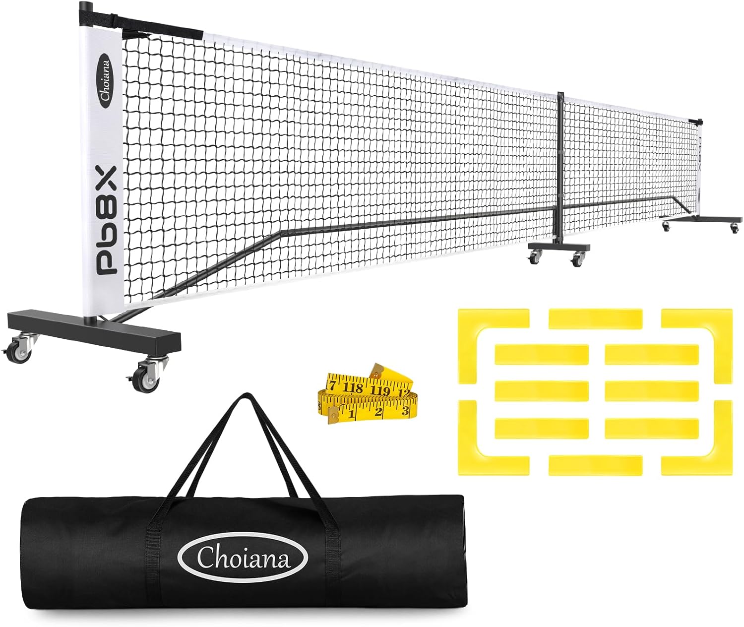 Pickleball Net Portable Driveway Pickleball Nets Outdoor Regulation Size Pickle Ball Nets w/6 Wheels, Court Lines, Durable Frame PE Knited Practice Net for Home Backyard Street Black + White