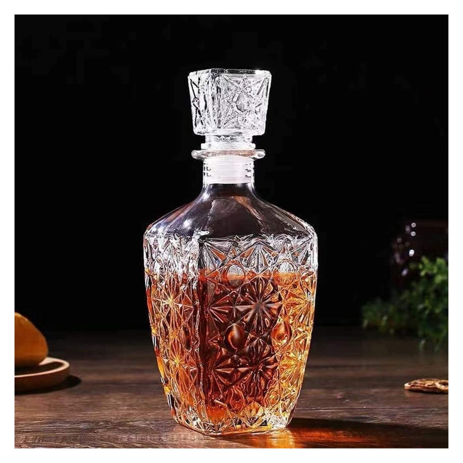 Juego de decantadores de whisky para hombres Decantador de vino de vidrio grabado con tapón, soporte Hanade Dispensador de vino de vidrio Decantador de whisky Decantador de alcohol para licores Alco
