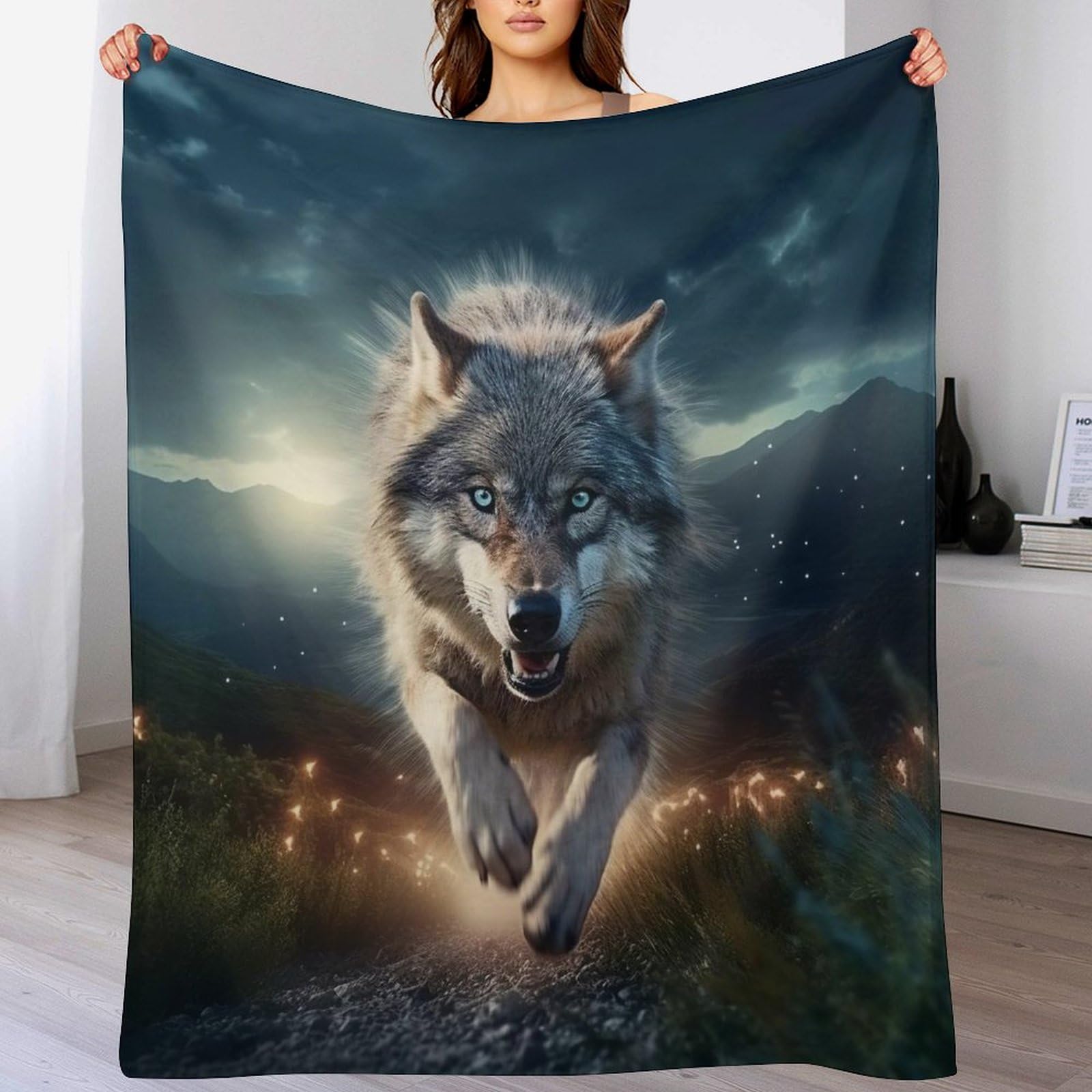 Plaid loup en flanelle chaude pour lit et canapé 180x200cm