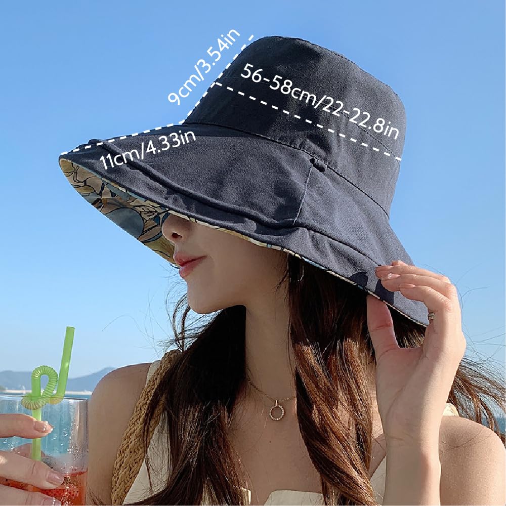 Wiosna Lato Odwracalny Nadruk Słońce Kapelusz Plażowy Letni Kapelusz Przeciwsłoneczny Kobiety Letni Kapelusz Bucket Big Beach Cap (IT, Tekst, Jeden Rozmiar, Ciemnoniebieski), granatowy, rozmiar