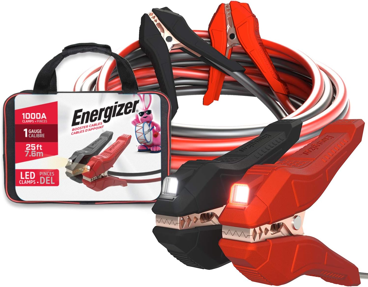 Energizer Jumper Cables for Car Battery with Built-in LED Lights, Heavy Duty Automotive Booster Cables for Jump Starting Dead or Weak Batteries - Carrying Bag Included (25-Feet (1-Gauge)