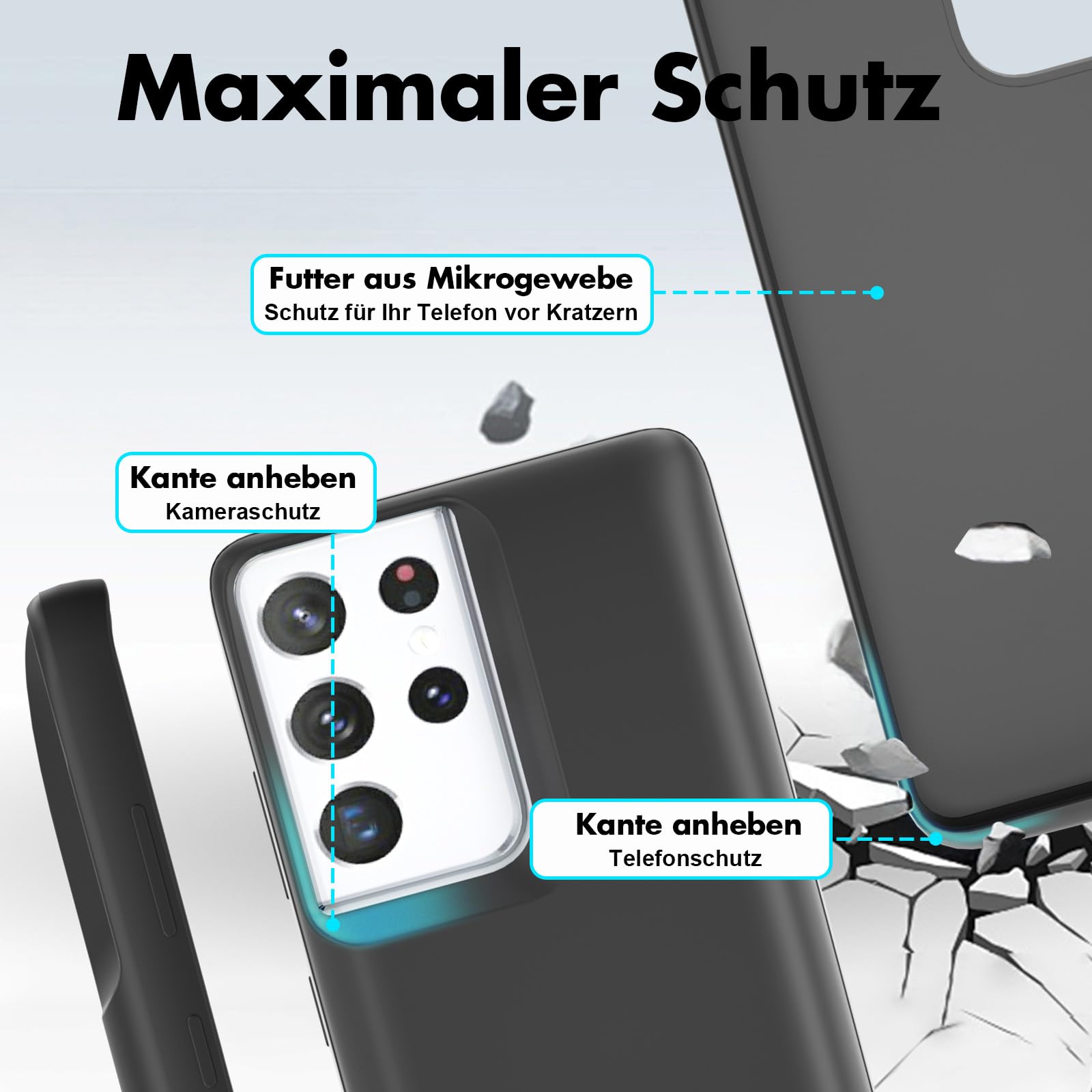 Akkuhülle für Samsung Galaxy S21 Ultra, 5000mAh, Schlanke Wiederaufladbare Ladehülle Erweiterte Ladehülle mit Standfuß,Tragbare Powerbank für Samsung Galaxy S21 Ultra 5G (6,8 Zoll), Schwarz